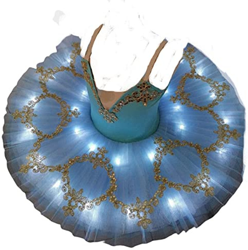 OTMYIGO Professionnel LED Ballet Tutu Filles Plateau crêpe Tutu Ballerine Robe de soirée Paillettes Ballet Danse compétition Costume,Bleu,140