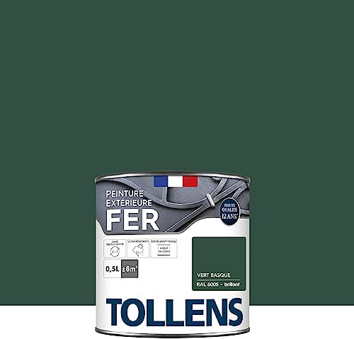 Tollens - Peinture extérieure fer 2 en 1 - Ultra Résistante - Protection antirouille - Laque Riche en Résine - Sans Sous-Couche - Entretien Facile - Satin - Vert Basque - 0,5L = 8m2