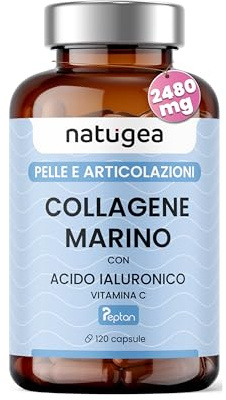 Natugea Collagene Marino con Acido Ialuronico - Integratore di Collagene Idrolizzato per Articolazioni, Ossa e Pelle con Vitamina C, Favorisce la Mobilità, Privo di OGM, 120 Capsule, Made in Italy