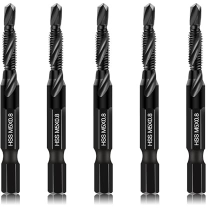 6 Packs M5 Combination Drill & Taps Bit Set, Screw Threading Tapping Tools in Size M5*0.8 with Anti-rust Black Coating, 6mm Hex Shank and Storage Case