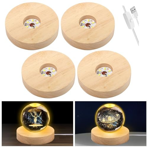 4 Pezzi Base Luminosa Rotonda in Legno, LED USB Con Interruttore, Visualizzazione per Sfere di Cristallo, Luce Gialla Calda / Luci Colorate