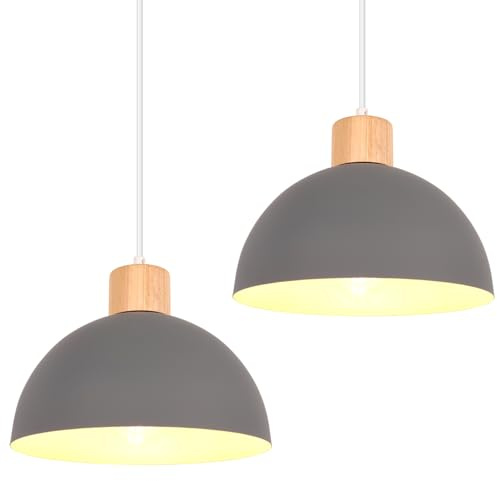 iDEGU 2 Stück Hängelampen Retro E27 LED Hängeleuchte Moderne Skandinavisch Deckenleuchte aus Metall Holz Pendelleuchte für Schlafzimmer Esszimmer Küche Restaurant (25cm, Grau, 2 Lampen)