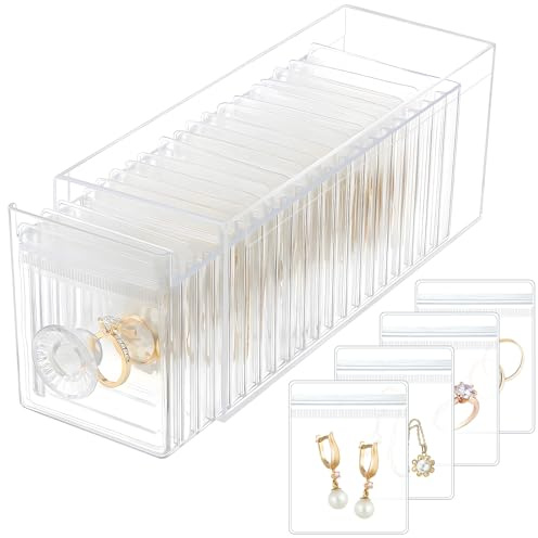 HOMEHIVE Clear Acrylic Jewelry Organizer Box with 20 Portable Pouches, Jewelry Storage Case for Women Girls, Tangle-Free, Anti-Tarnish, Compact Storage for Necklaces/Earrings/Rings, Upgraded Clear