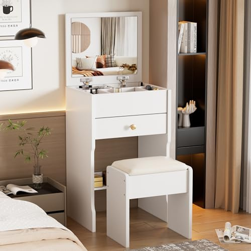 MSFE Tavolo da Trucco 3 in 1 con specchio Plip Top, Toeletta da Trucco Moderna con Sgabello, Tavolo da Toeletta Piccolo con Sgabello, Cassetti e Scatola Portaoggetti, 37.5 * 40 * 109 cm