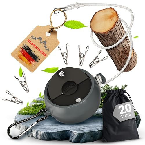 ALPENWERT® ROBUSTE Wäscheleine ausziehbar [10m Reise- & Camping Wäscheleine] inkl. 20 Edelstahl Klammern - für Wohnmobil, Vanlife & Backpacking