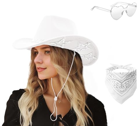 DAJOOEE Cowgirl Hat with Bandana & Heart Sunglasses | Glitter Star Cowboy Hat | Western Sparkly Hats for Women & Men (UK, Alpha, One Size, M, White)