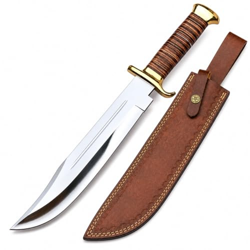 TATLA CRAFT Handmade Large Crocodile Dundee Bowie Knife with Leather Sheath Big Survival Fixed Blade Knife with Leather and Horn Handle for Outdoor Camping Knives For Men
