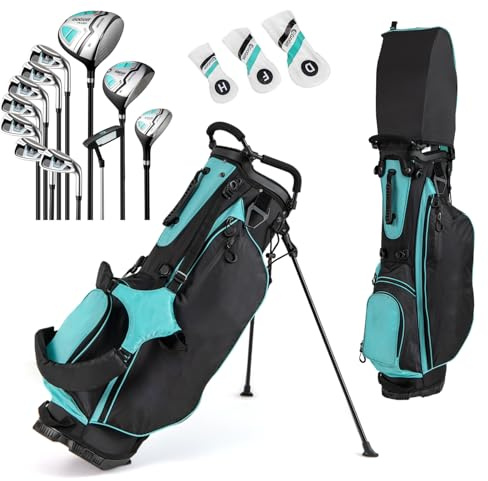 GYMAX Golf Clubs for Men Women, 12PCS Right Handed Complete Golf Set - 3 Woods (#1#3#5), 5 Irons (#5#6#7#8#9), Sand/Pitching Wedge, Putter, 3 Head Covers, Rain Hood & Stand Bag (Green)