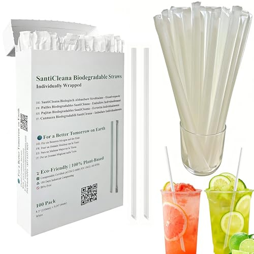 SantiCleana 100 Pailles Biodégradables, Individuellement Emballées, 21 cm, de -10℃ à 85℃, à Base de Plantes, Droites, Blanches, Compostables, Sans BPA