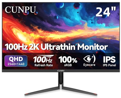 CUNPU 24 Inch 1440P Monitor,QHD 100Hz IPS Monitor, 99% sRGB Color Gamut,16.7 Million Color, Adaptive Sync, Slim Frame, HDMI/DP, VESA Mountable, for Gaming and Office