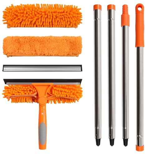 Terafeels 170 cm, teleskop, fönstertorkare, avdragare sats, 2 i 1 teleskopstång, fönsterrengöring dörr, inomhus och utomhus, hög fönster, bilglas (orange)