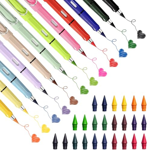 12 Piezas Lápiz Infinito, Lapices colores con 24 puntas reemplazables, Lápiz Infinito con Goma Integrada, Lapiceros Reutilizables para Niños, Ideal para escritura, dibujo y uso de papelería