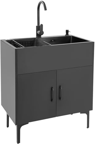 Lavello con mobiletto, lavello da cucina autoportante con base e rubinetto, mobile in acciaio inox con 1 vasche da bagno, mobiletto (nero)