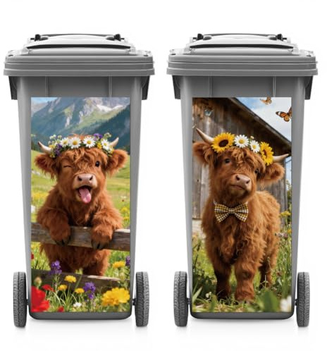 ANATTASOUL 2Pcs Highland Bull Animal Wheelie Bin Sticker for Bin Decorative