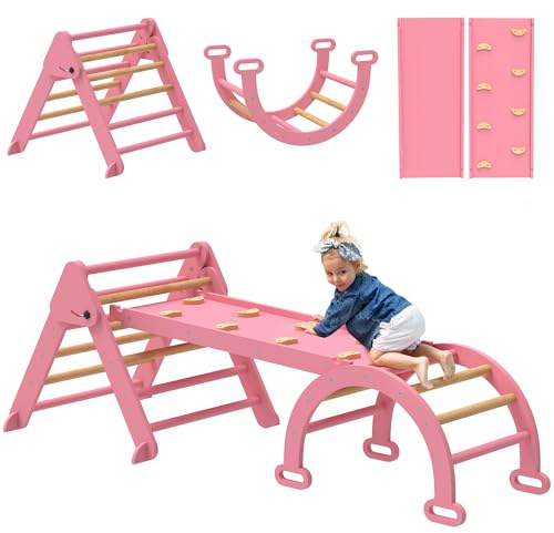 AIYAPLAY 7-in-1 Montessori Klettergerüst Indoor, faltbar Holz Kletterdreieck mit Rutsche, Bogen, Indoor Spielplatz für Kinder von 1,5-4 Jahre, Rosa