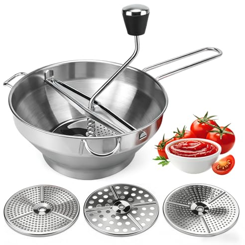 Stainless Steel Food Mill with 3 Grinding Discs - Rotary Hand Crank for Tomato Sauce, Mashed Potatoes, Applesauce, Jams, Puree, Canning | Dishwasher Safe & Ergonomic Design