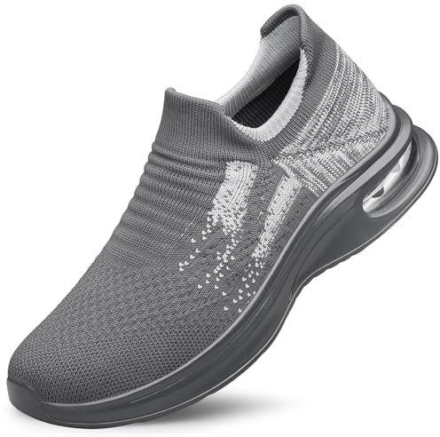 SURFING TREE Mens Slip On Walking Shoes Non Slip Road Running Trainers Breathable Fashion Sneaker Lightweight Workout Shoes Grey Size 9