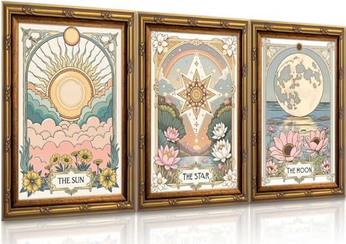 Juego de 3 lienzos de arte para pared sin marco, diseño vintage de tarot místico y astrología, decoración de pared, estrellas celestiales, cuadros bohemios, florales, lienzos, impresiones artísticas
