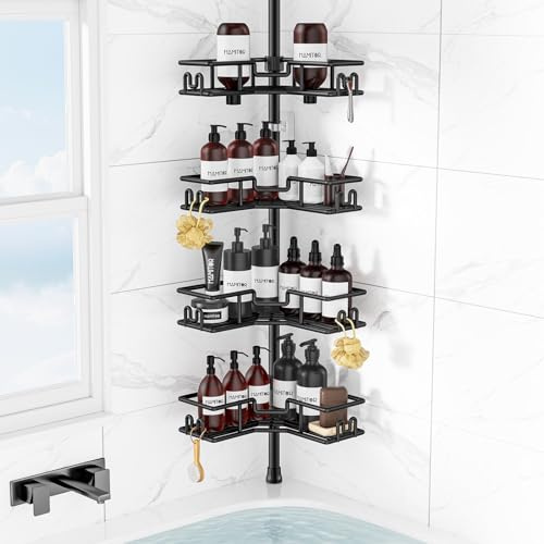 HAMITOR Duschablage Ohne Bohren: Teleskop-Eckregal Bad Ideal Für Kleine Bäder & Mieter – 4stufiges Rostfreies Metallregal Mit Große Kapazität Für Ganze Familie – Längenverstellbar 119-312cm,Schwarz