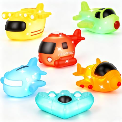 Baby Bath Toys, 6 Pack Planes Light Up Bath Toys, No Hole No Mould Bathtub Toy for 1 2 3 Year Olds, Flashing LED Sensory Toy for Toddlers, Bath Time Shower Gifts for Boys and Girls