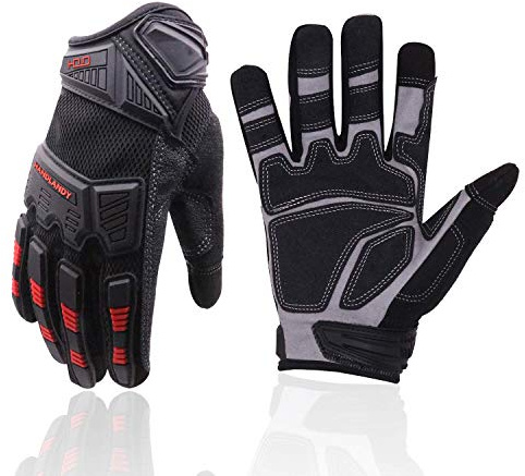 HANDLANDY Mens Work Gloves Touch screen, Utility Mechanic Gloves, Flexible Breathable Fit- Padded Knuckles & Palm (Black & Red, Large)