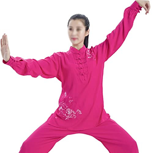 ZHOUXIAO Frau Baumwolle Leinen Taichi Uniform Kinder Mädchen Kung Fu Anzug Lange Ärmel Kampfkunst Uniform Gestickte Leistung Tragen Wing Chun Taichi Kleidung Set red-XL