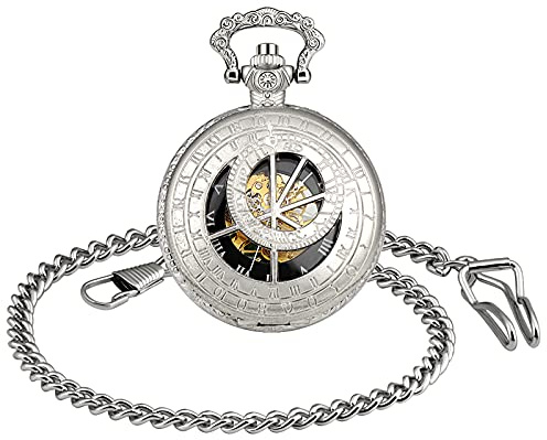 SUPBRO Montre Mécanique à Gousset Boussole avec Pendentif et chaîne de Style rétro, en Argent, pour Hommes