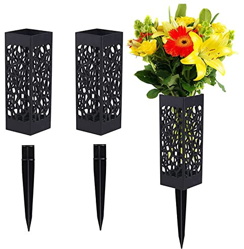 2 Pcs Grave Flower Holders, Cemetery Vase for Fresh/Artificial Flowers, Grave Decorations 7Plastic Rectangle Vases with 5 Detachable Long Spike | Black