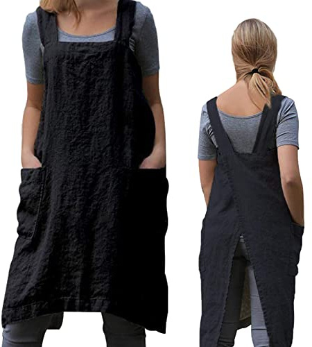 Pinafore Tablier à dos croisé pour femme avec poches - Tablier japonais pour le travail, le jardinage, la cuisine, la pâtisserie, noir, Large
