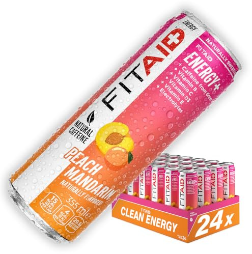 FITAID Peach Mandarin Clean Energy Drink & Hydration Helper; Ready to Drink Sports Drink with Caffeine from Green Tea, Electrolytes Magnesium BCAA Turmeric Vitamins Amino Acids Quercetin CoQ10 24 pack