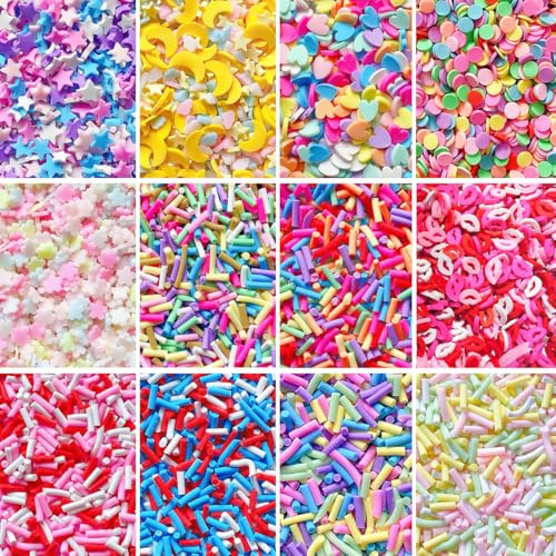 EHOPE Lot de 120 g de fausses saupoudres de résine - Pour nail art, loisirs créatifs, gâteaux, coque de téléphone (120 g de tranches d'argile + granulés de sucre - 12 couleurs)