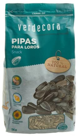Verdecora Alimentos y Snack para Pájaros | Bolsa 1 kg | Nutritivo y Natural para Aves | Ideal para Canarios, Periquitos, Loros y Pájaros Exóticos (Portes INCLUIDOS) (Pipas de Girasol)