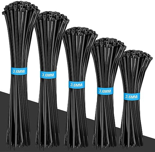 VFANDV Kabelbinder, 1000 Stück Kabelbinder Schwarz Set, 100/150/200/250/300 mm Halter für Kabelbinder in schwarz, Selbsthemmend Kabelbinder für Kabelmanagement, Gartenarbeit (1000P 3.6MM)