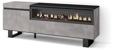 Skraut Home | TV-Schrank, Lowboard | für Wohnzimmer und Esszimmer | 150x57x35cm | Für TV-Geräte bis zu 65 | Elektrokamin. Maße | Industriedesign | Moderner Stil | Zement