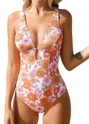 CUPSHE Damen Badeanzug Tiefer V Schlüsselloch Ausschnitt Zierausschnitten Strukturiertes Blumenmuster Figurformend Einteilige Bademode Swimsuit Weiß/Blumenmuster L