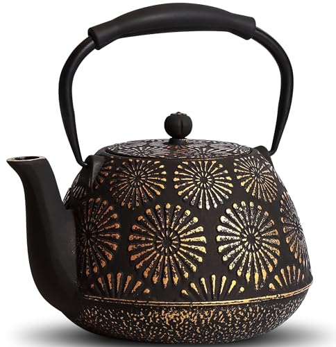 MILVBUSISS Teekanne aus Gusseisen, 1200 ml, großes Fassungsvermögen, Teekessel mit Teesieb für Herdplatte, japanische Teekanne für lose Blätter, beschichtet mit emaillierter Innenseite, Silikongriff,