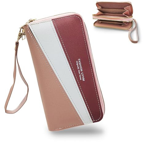 FuninCrea Ladies Purse Women's Wristlet Clutch Wallet, Ladies Wallet Double Zippered Pockets Womens Purse Wristlet Bag Large Women's Wallets with Detachable Wrist Strap and Multiple Card Slots (Pink)