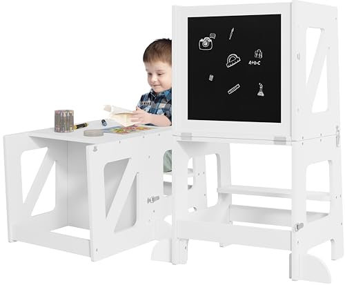 WOLTU Lernturm 3 in 1, Tritthocker Kinderhocker Kindertisch Tafel, Montessori Lernturm für Kinder, Küchenhelfer mit Rausfallschutz, faltbar, ab 1 Jahr, Weiß