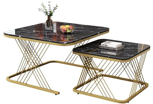 BTM Nest of Tables, Square Coffee Tables Set of 2, Gold Coffee Table with Black MDF Marble Pattern Tabletop, Nesting Tables for Living Room/Office, 70x70x43cm+50x50x36.5cm
