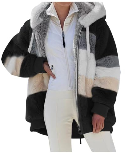 Georcep Women's Winter Plush Hooded Colorblock Jacket with Pockets, Full Zip Up Sherpa Coat with Hood Long Sleeve (L,E-Black)