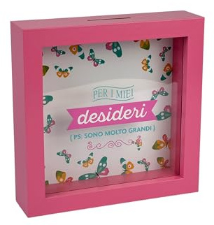 Salvadanaio Decorativo con Farfalle, 16x16 cm, Rosa, Per I Miei Desideri