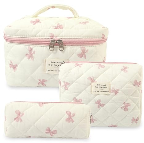 Aucuu Beauty Case, 3 Pezzi Floreale Grande Capacità per Il Trucco, Borsa da Toilette Trapuntata, Beauty Case da Viaggio Cotone Morbido, Beauty Trapuntato Grandei da Toilette Makeup Bag Organizer