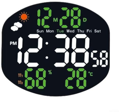 Grande orologio da parete digitale, multifunzione, a LED, stazione meteo digitale con sensore di umidità e temperatura, ampio display, ora, data, calendario, doppio allarme per soggiorno (bianco e