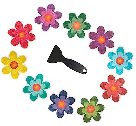 Ipetboom Adesivi Antiscivolo per Piscine e Docce Set 11 Pezzi (10 Adesivi a Fiore 1 Raschietto Nero) in Peva Antiscivolo per Scale Gradini e Bagni