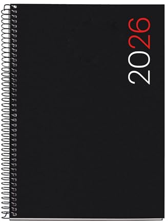 Miquelrius - Agenda 2026 semana vista, Similar A5+ (155 x 213 mm), Cubierta flexible polipropileno, Espiral, Papel 80 g/m², Planificador semanal, Español-EN-PT, Color negro