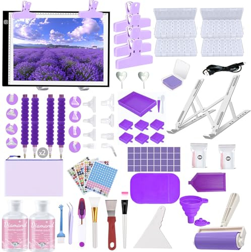 DNSGOOR 247Pcs Kit de Accesorios de Arte de Diamante,Diamante de Pintura Herramientas Kit con Mesa de Luz para Calcar A3, Diamante Arte Sellador Pegamento Artesanal de Bricolaje