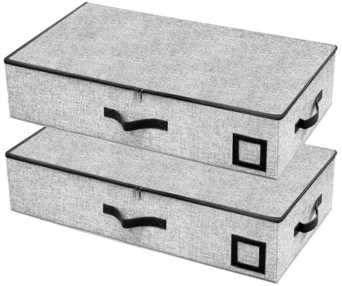 Gabbrielli Home and More Lot de 2 boîtes de rangement sous le lit - Lin 1200D - Côtés renforcés avec plaques en plastique - Couvercle à fermeture éclair - Poignées en cuir végétalien - Porte-étiquette