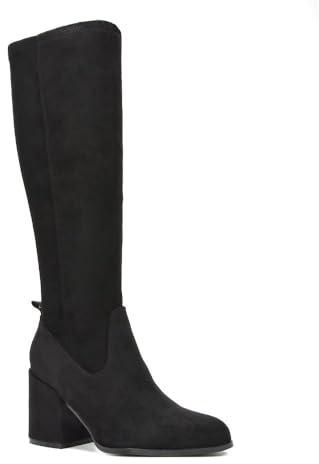 ESSEX GLAM Women's Knee High Boots Block Mid Heel Stretch Calf Fit Black Faux Suede Zip Size 6