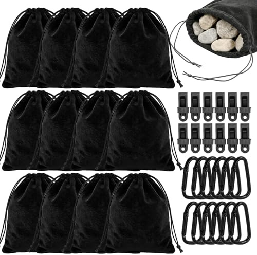 Slvoaujtk 12 bolsas de arena portátiles con contrapeso para pabellones exteriores con 12 tensores de lona y 12 mosquetones, pesos para mantel para fijación de cortinas, tiendas de campaña y mantas de