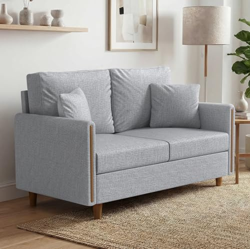 Yvsevnr Small 2 Seater Sofa Grey Modern Love Sofa with Thick Cushions and 2 Pillows Loveseat Sofa Couch with Solid Wood Legs for Dorm, Office, Bedroom, Living Room Furniture